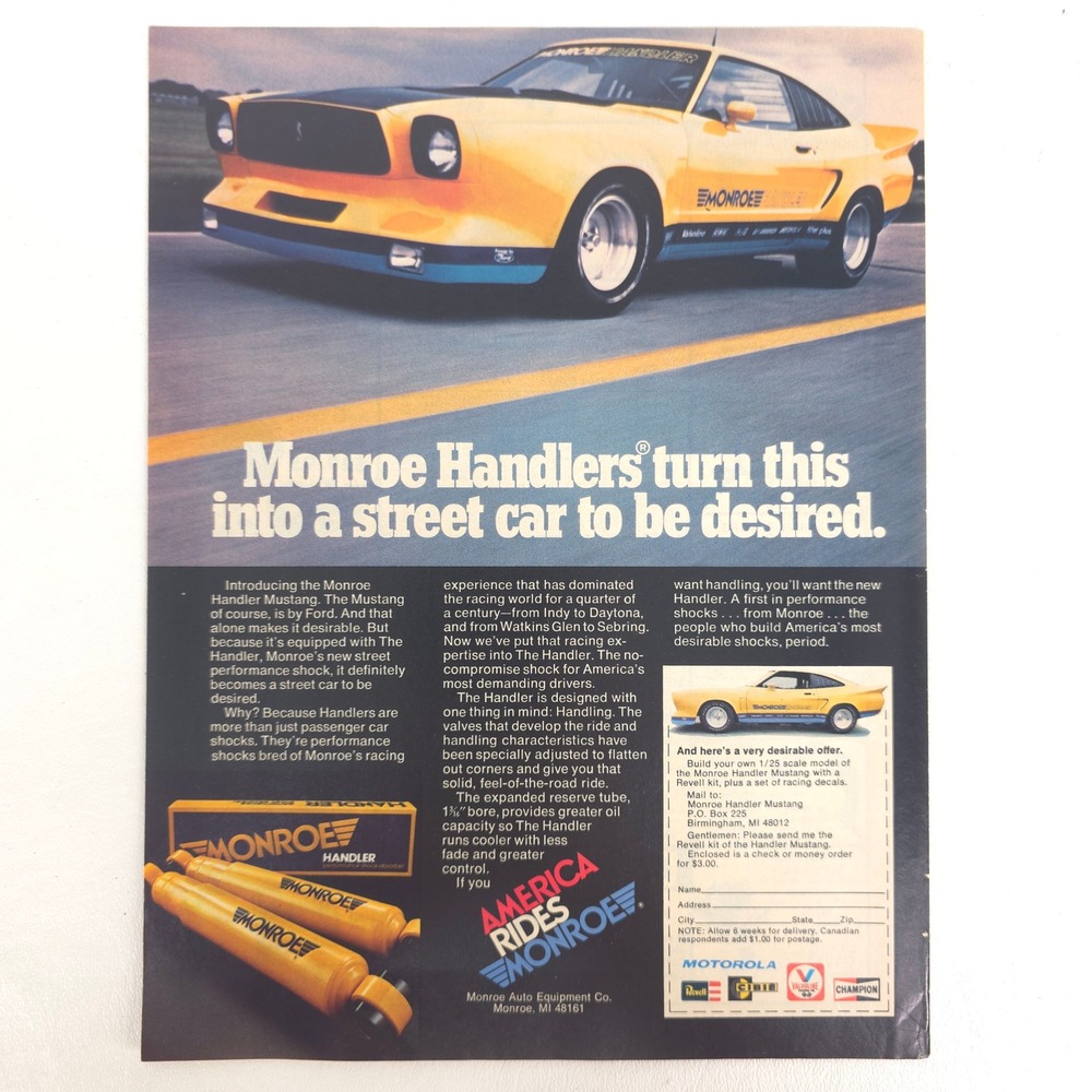 Vintage Ford Mustang Monroe Handler Performance Shock Print Ad Racing Decor Art